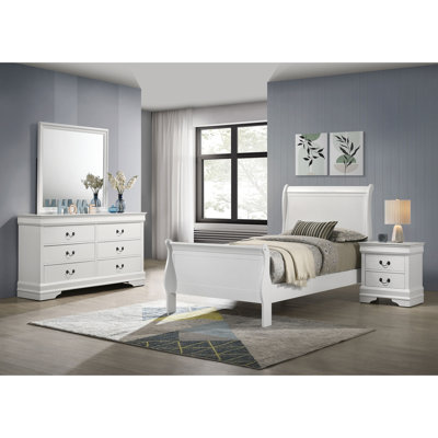 Ensemble de chambre à coucher 4 pièces, lit moderne de style Mid-Century, une table de chevet, une commode et un miroir de commode