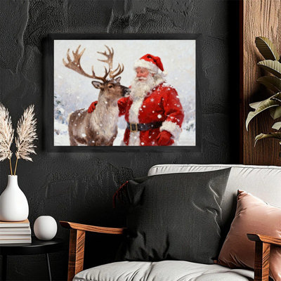 Black Framed Vintage Christmas Wall Art - Santa & Reindeer Festive Decor with Classic Oil Painting Aesthetic Framed Prints