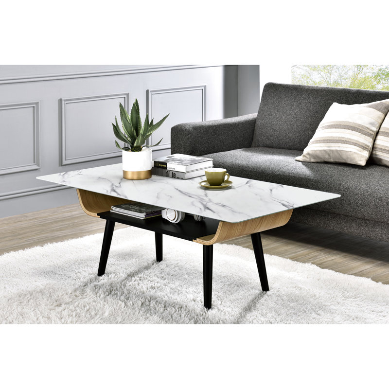 White Marble Texture 47" Coffee Table, Bent Wood, Solid Wood Legs, Slightly Flared Legs Leveling Feet & Storage