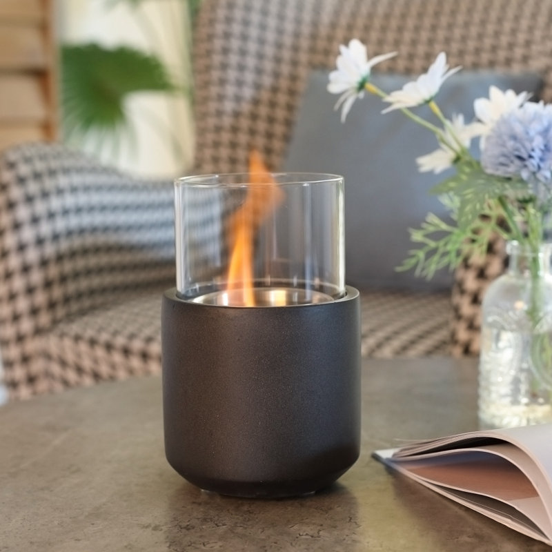 Tabletop Fireplace, Mini Concrete Ethanol Fire Bowl With Lid, Burns Up With Liquid Alcohol And Solid Tablet Alcohol, Dark Grey
