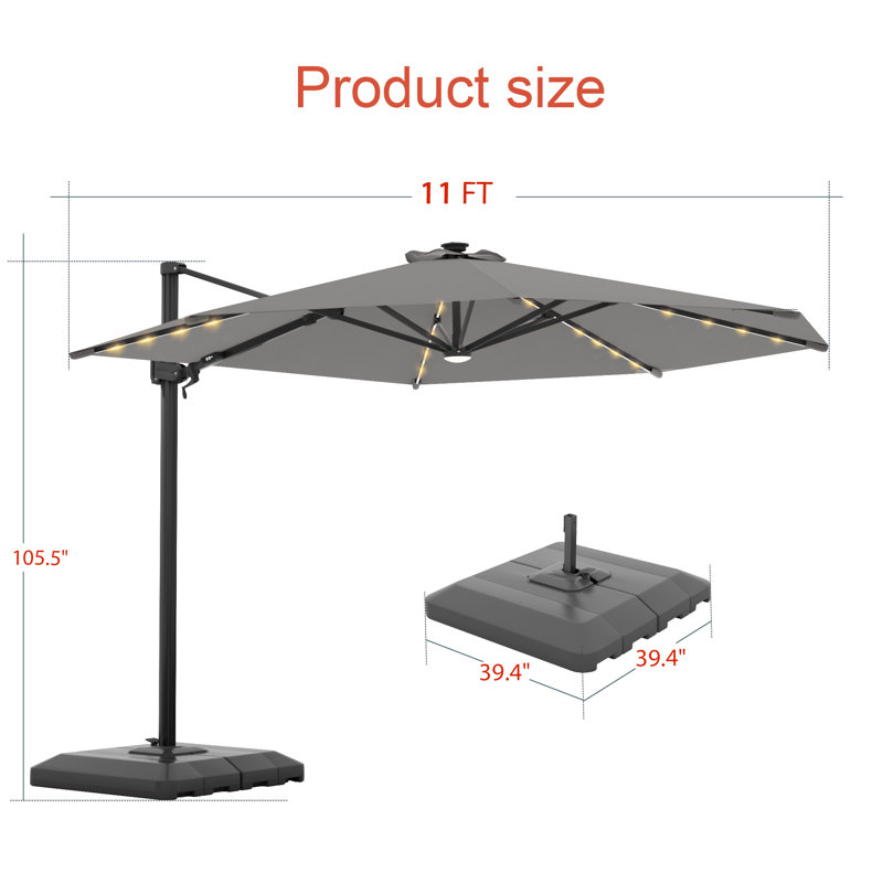 Parasol solaire 11 pi DEL - Ombre et lueur pour la joie extérieure, Gris