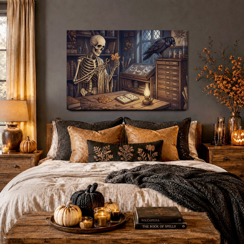 «Skeleton and Raven in Vintage Apothecary Study», art mural sur toile, H 32 po x l 48 po