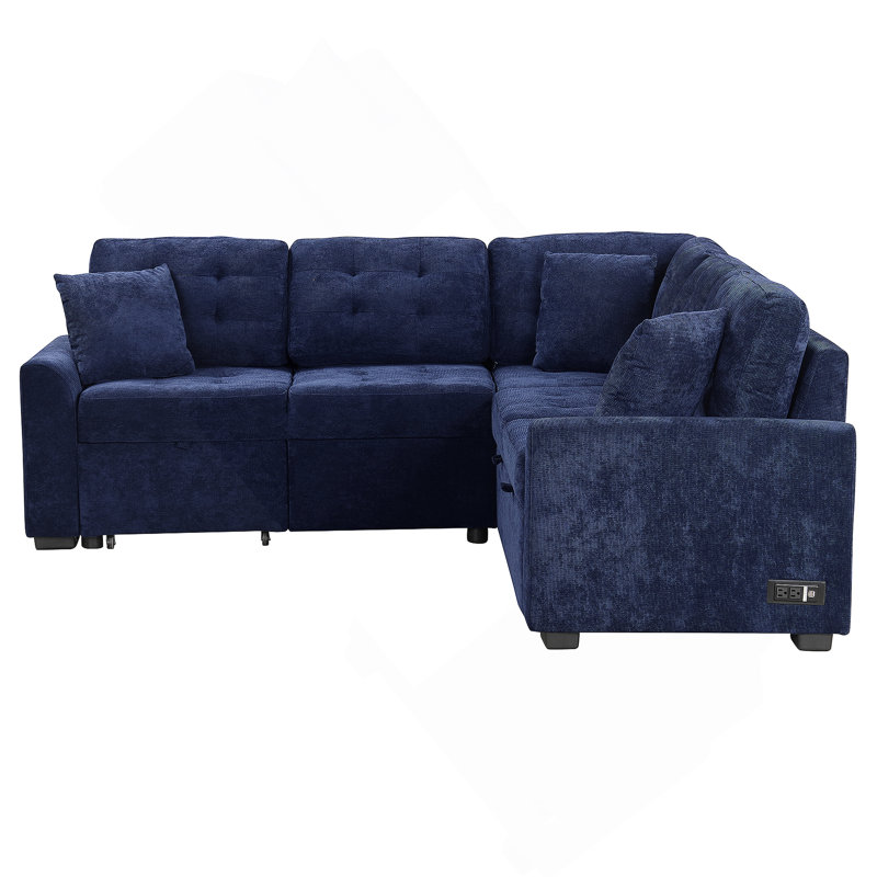 82.6" L-shape Sofa Bed Pull-out Sleeper with Wheels, USB Ports, Power Sockets, Navy Blue