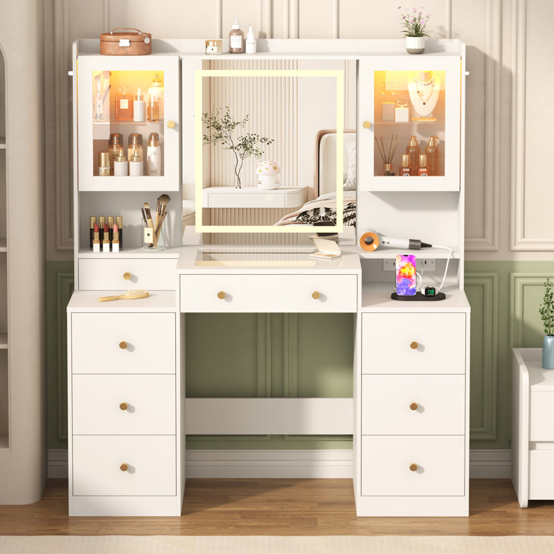47.24" Vanity Desk With Lighted Mirror, Tempered Glass Top, Power Outlet, 8 Drawers, And 2 RGB Lighted Cabinet, White