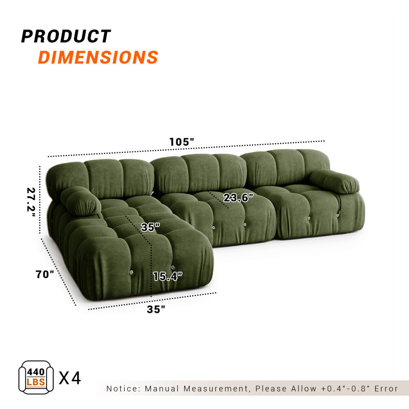 Canapé modulaire chenille modulaire sans os, canapé convertible en éponge convertible pour salon, canapé en L à 2 places avec repose-pieds, accoudoirs et dossier amovibles, rembourré d'éponge à haute densité et ressorts ensachés