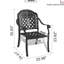 Ensemble de 6 chaises de jardin en aluminium moulé, structure noire et coussins rouges, design traditionnel avec motifs de pétales, revêtement haute température, assise large et épaisse confortable, empilables.