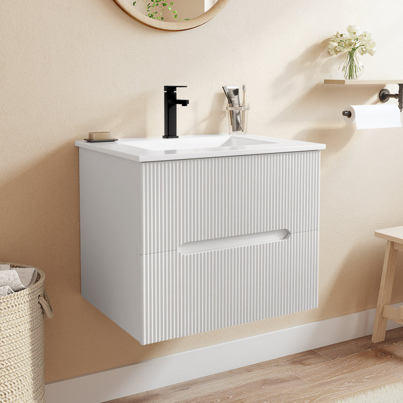  Meuble-lavabo simple mural 24 po avec lavabo et robinet en céramique, armoire flottante avec 2 tiroirs à fermeture en douceur