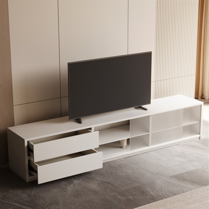 Nyazia 70.86" White TV Stand with Drawers and Sliding Acrylic Glass Door, Modern Entertainment Centre