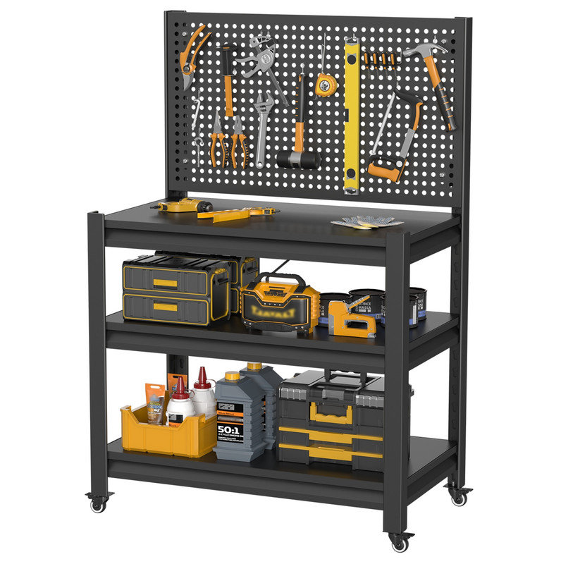 Établi de travail avec panneau perforé, établi robuste avec roulettes d'une capacité de 1000 lb, chariot à outils, table de travail pour entrepôt de garage