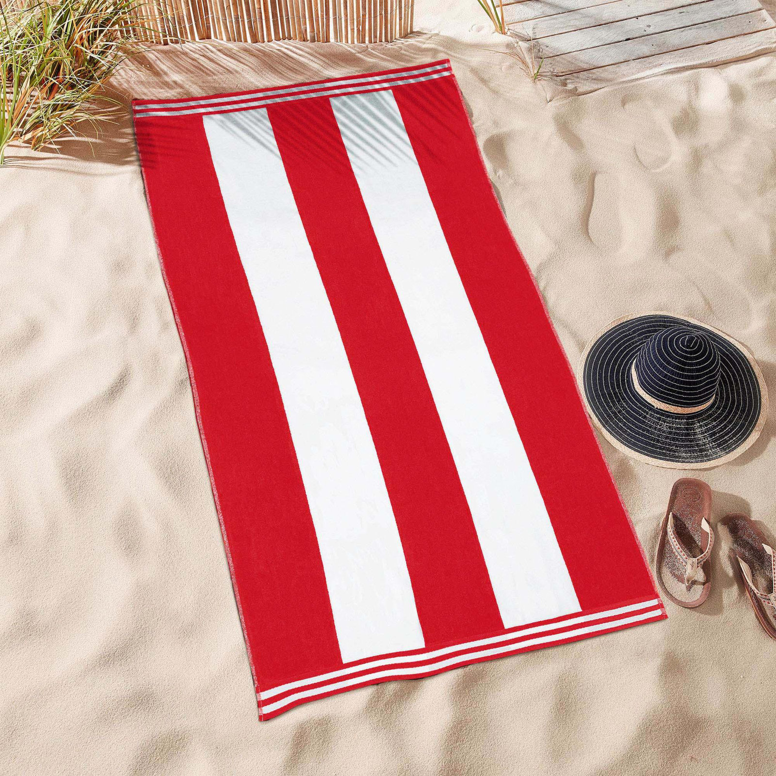 Calheta Cotton Oversized Cabana Stripe Beach Towels, Red, 1