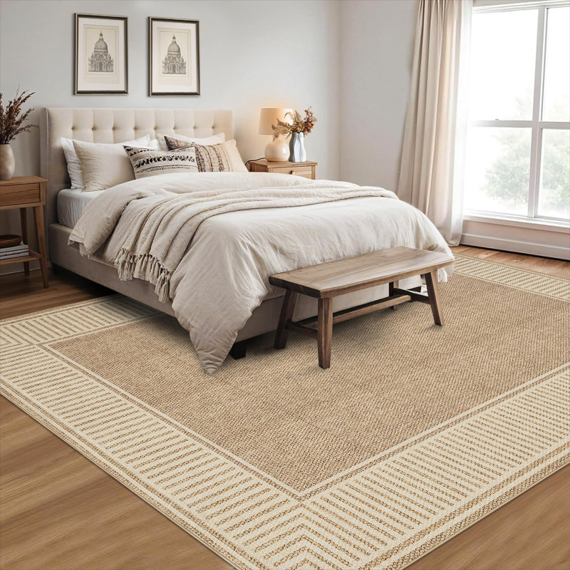 Tapis de salon 240 x 300 cm, bordure rayée moderne, envers en caoutchouc, poils courts, résistant aux taches, tapis de salle à manger, tapis contemporain à bordure pour la maison ou le bureau, kaki