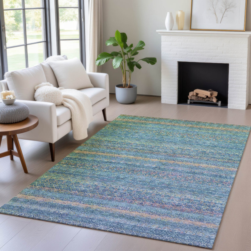 Tapis bleu sarcelle lavable à la machine intérieur / extérieur Xhevrie, Rectangle 10 pi x 14 pi