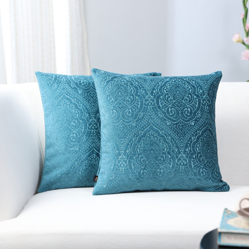 Housse de coussin damassé en jacquard (ensemble de 2), Damas turquoise, H 18 po x l 18 po