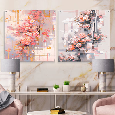 Contemporary Cherry Blossom Bold Stripes - Ensemble de 2 peintures murales en acrylique cerise