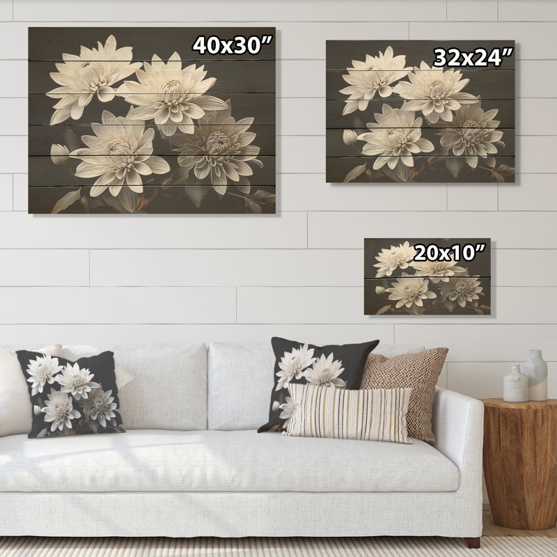 White Mums Bouquet Still Life - Mums Wood Art On Natural Pine Wood, 30" H x 40" W