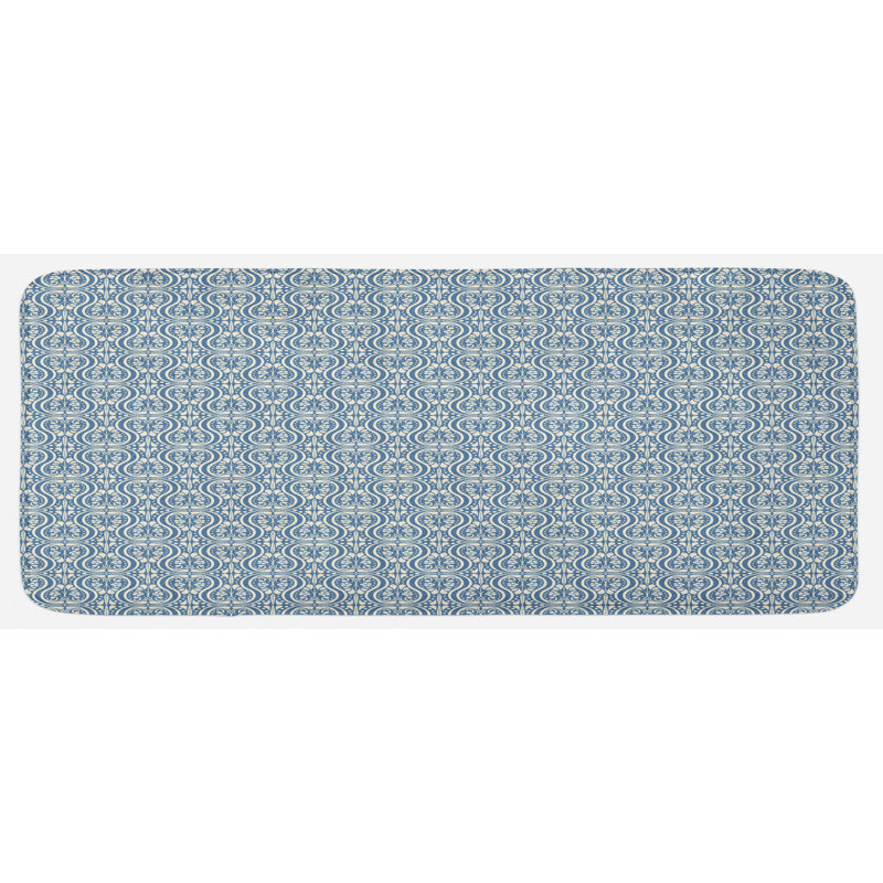 Tapis de cuisine ivoire bleu ardoise à fleurs et boucles symétriques