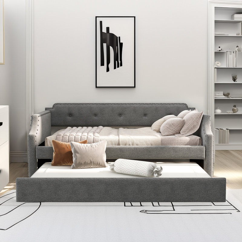 Upholstered Daybed with Trundle, Upholstered Frame Sofa Bed, Gray