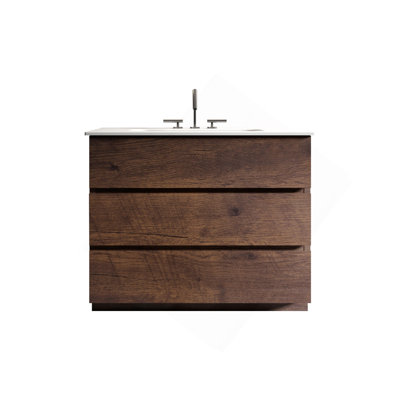 Meuble-lavabo en noyer de 36 po avec lavabo avec 3 trous de robinet TIA, grand meuble-lavabo autoportant avec rangement pour salle de bain moderne, lavabo une pièce blanc sans drain ni robinet, pré-assemblé