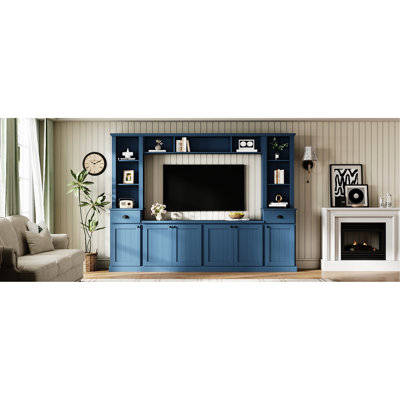 Grand meuble télé bleu avec pont pour téléviseurs de 75 po, hauteur réglable contemporaine et rangement, unité murale de divertissement dans les tablettes