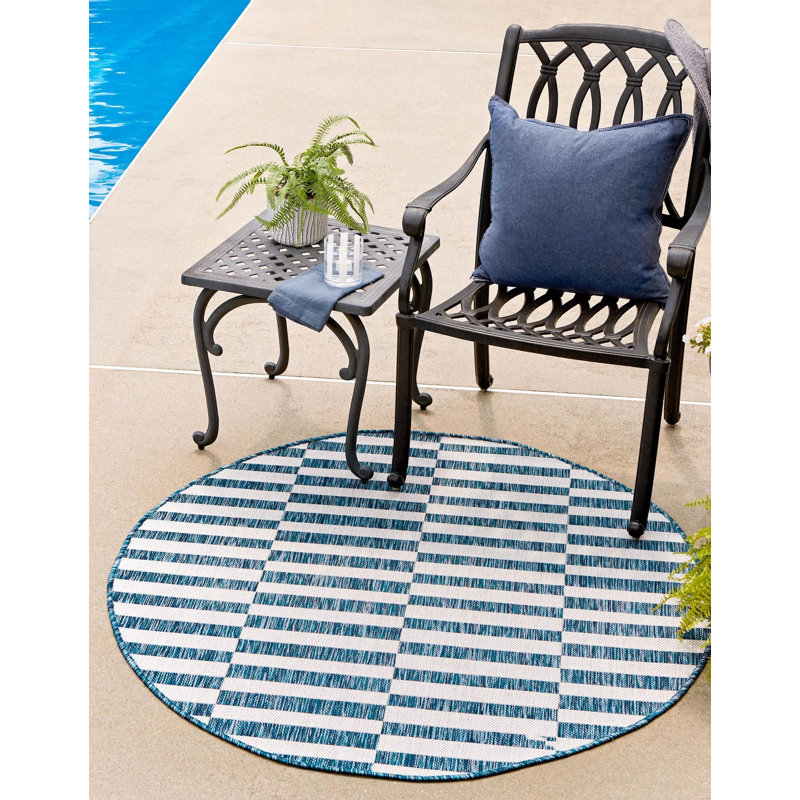 Tapis rayé bleu marine / ivoire Pana, Rond 4 pi 1 po