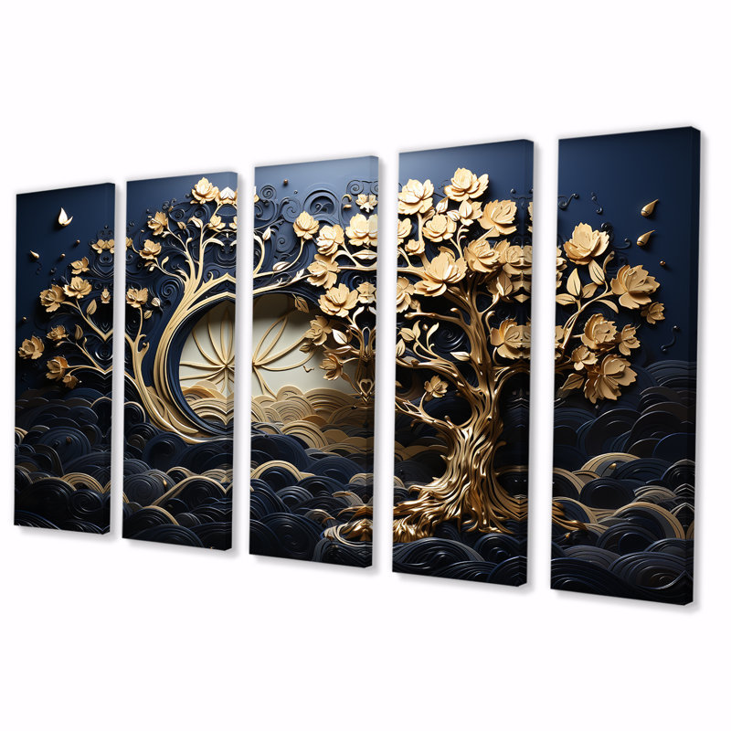 Ensemble de 5 décorations murales dorées et bleues, "Coastal Ambiance II", H 28 po x l 60 po