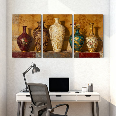 pottery vase Vintage Vases Floral Pattern Artwork Display Set of 3 Canvas Wall Art Prints