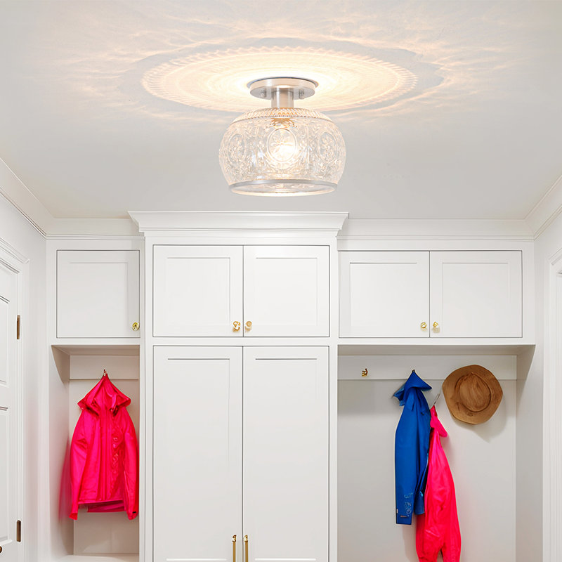 Brushed Nickel Vintage Semi-Flush Mount Ceiling Light With Clear Globe Glass, For Hallway, Kitchen, Bathroom, Bedroom Lighting