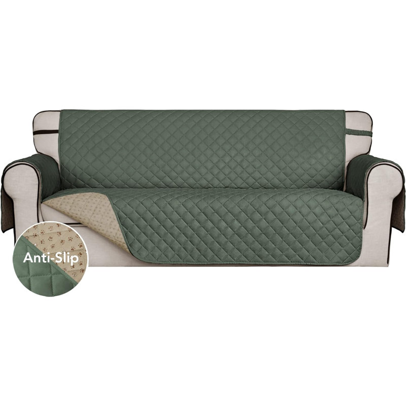Housse pour canapé à coussins en T, Tissu gris / vert, H 76 po x l 124 po x P 23 po