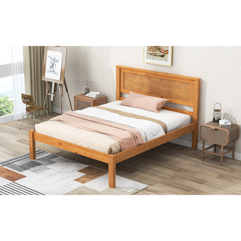 Lit plateforme simple avec tête de lit, support de couchage à lattes de bois, sans sommier, système de support inébranlable à structure en chêne,