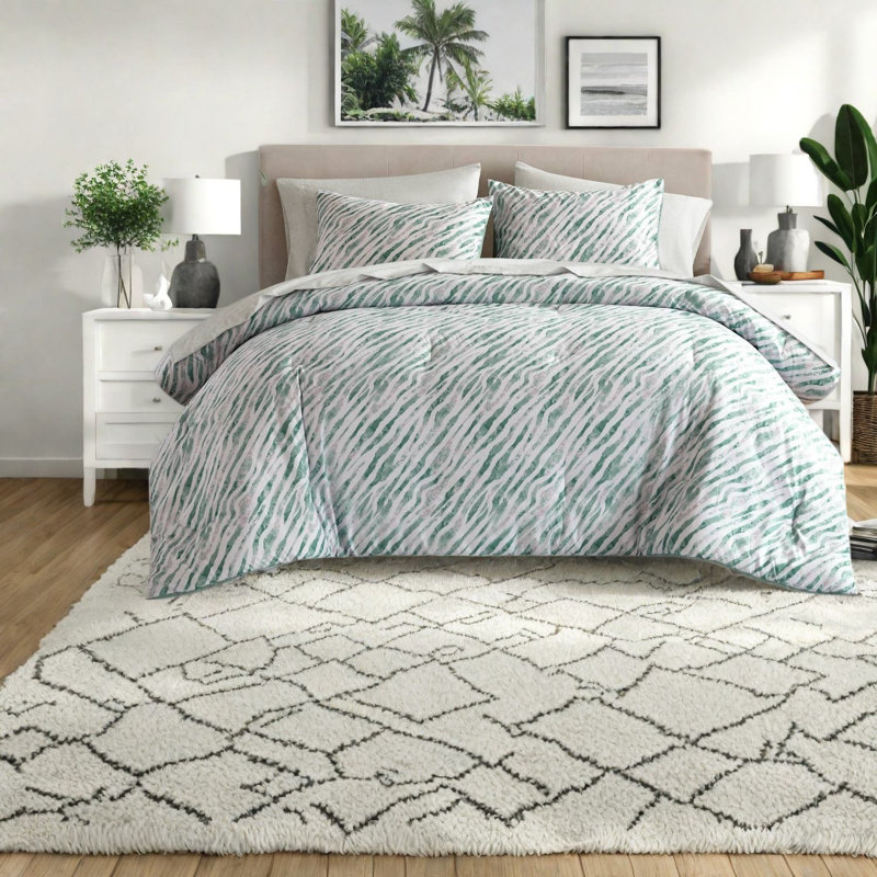 -Piece King Bedding Sets, Green Polyester Modern Comforter Set for Bedroom