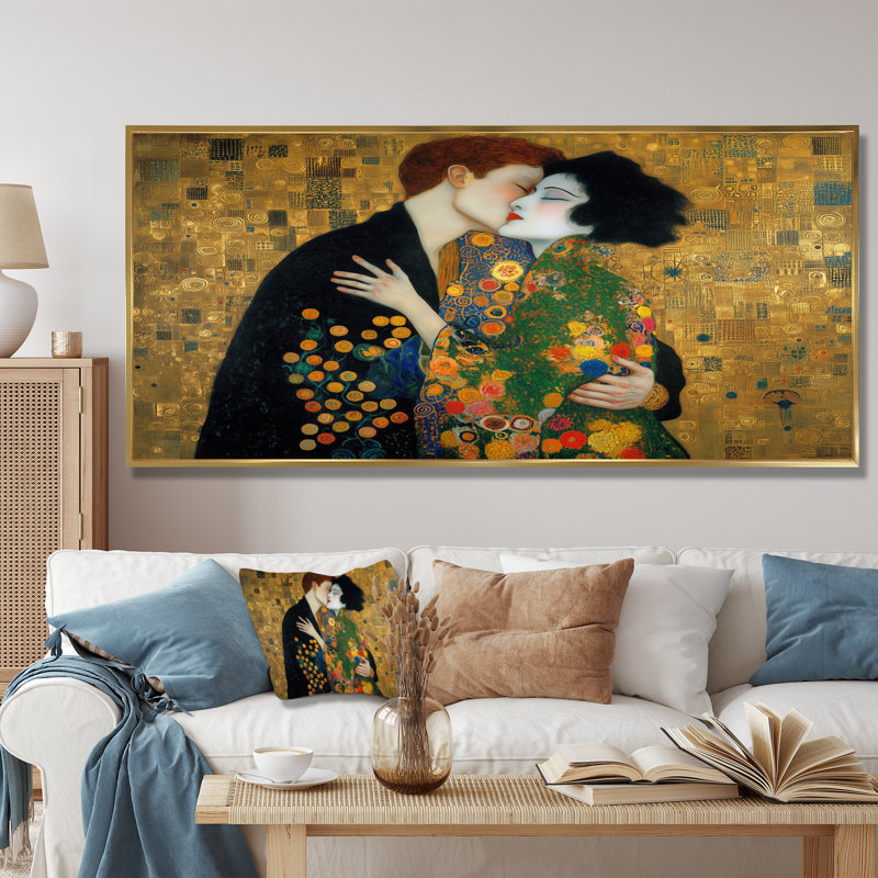 Impression intime sur toile, "Couple intime", H 28 po x l 60 po, Cadre flottant, Doré