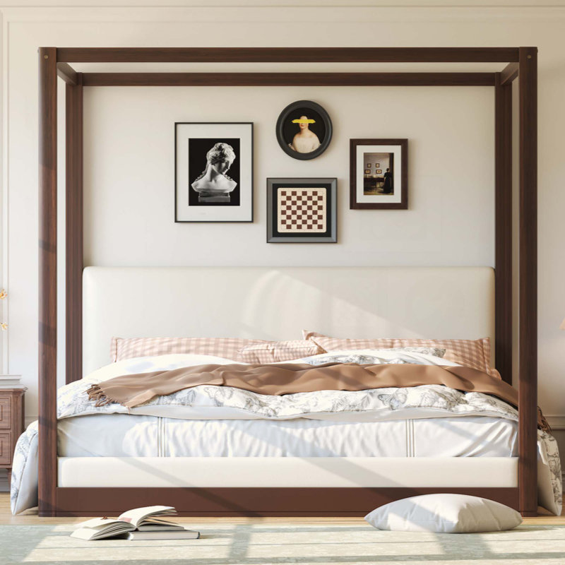 Lit plateforme à baldaquin en bois avec tête de lit tapissier, Très grand lit, Espresso