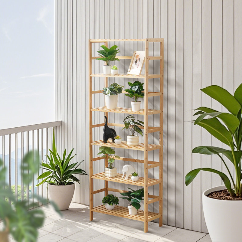 Natural Bamboo 6-Tier Ladder Bookshelf and Plant Stand