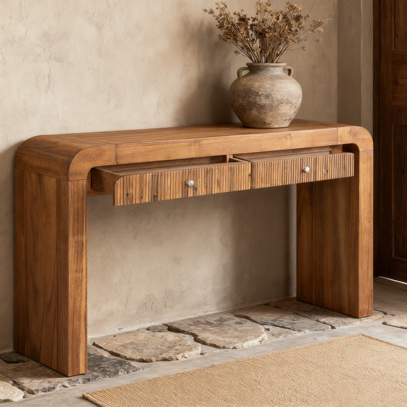 Console rustique avec façade de tiroir cannelée, table d'entrée avec coins incurvés et pieds épais, table de canapé robuste pour le couloir et le salon