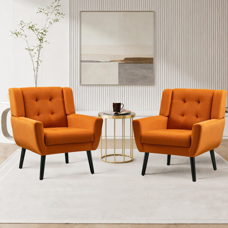 Tufted Upholstered Wide Back Armchair（Set of 2）, Orange Velvet