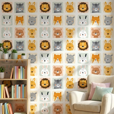 Dessin animé animaux papier peint double rouleau amovible pastel ludique
