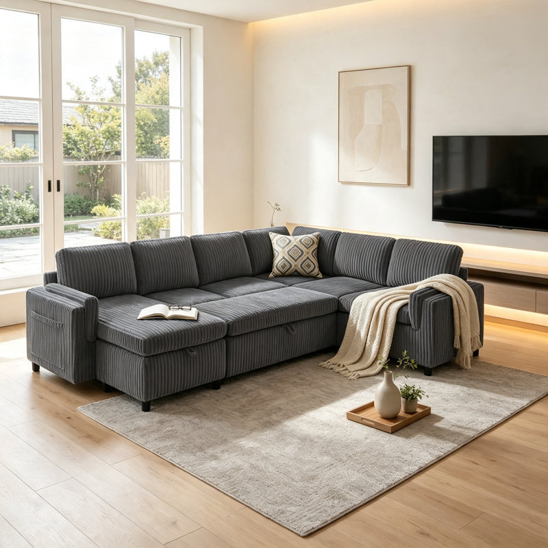 Canapé-lit d'angle convertible en forme de U avec mécanisme d'extension, ports USB et rangement dissimulé pour un style de vie moderne