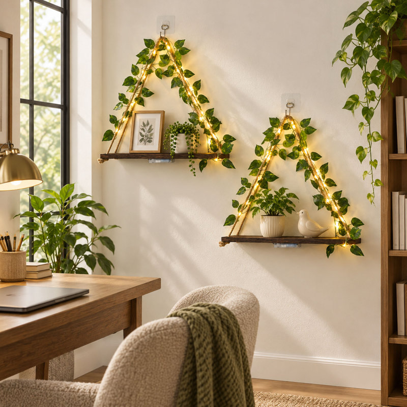 Ensemble de 2 étagères murales triangulaires flottantes avec feuilles décoratives