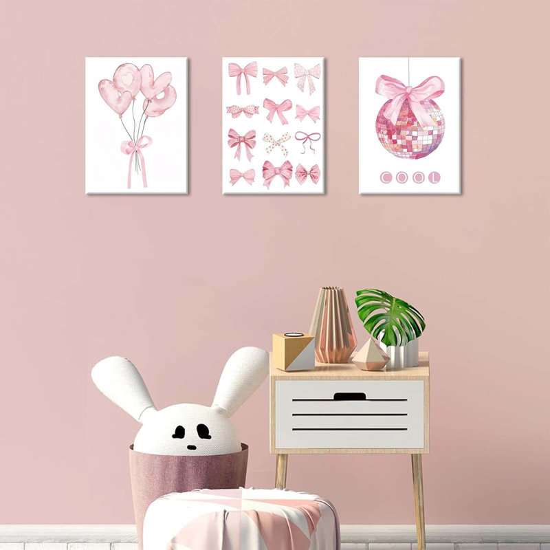 Preppy Pink Bow Canvas Wall Art, Trendy Bows Coquette Room Wall Decor Paintings, Pink Girly Disco Aesthetic Posters Prints Pictures Dorm Bedroom Framed