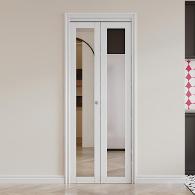 80''&96''H 1-Lite Mirrored Door Solid Manufactured Wood Bi-Fold Door with Installation Hardware Kit