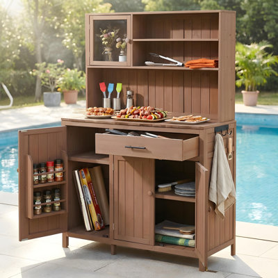Armoire de cuisine extérieure, station de préparation et de rangement, bois, surface de travail spacieuse, maison de campagne, patio