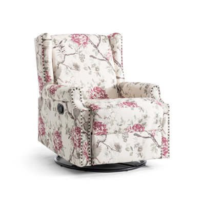 Upholstered Classic Wing Back Manual Handle Swivel Rock Glider Recliner with Naihead Trims