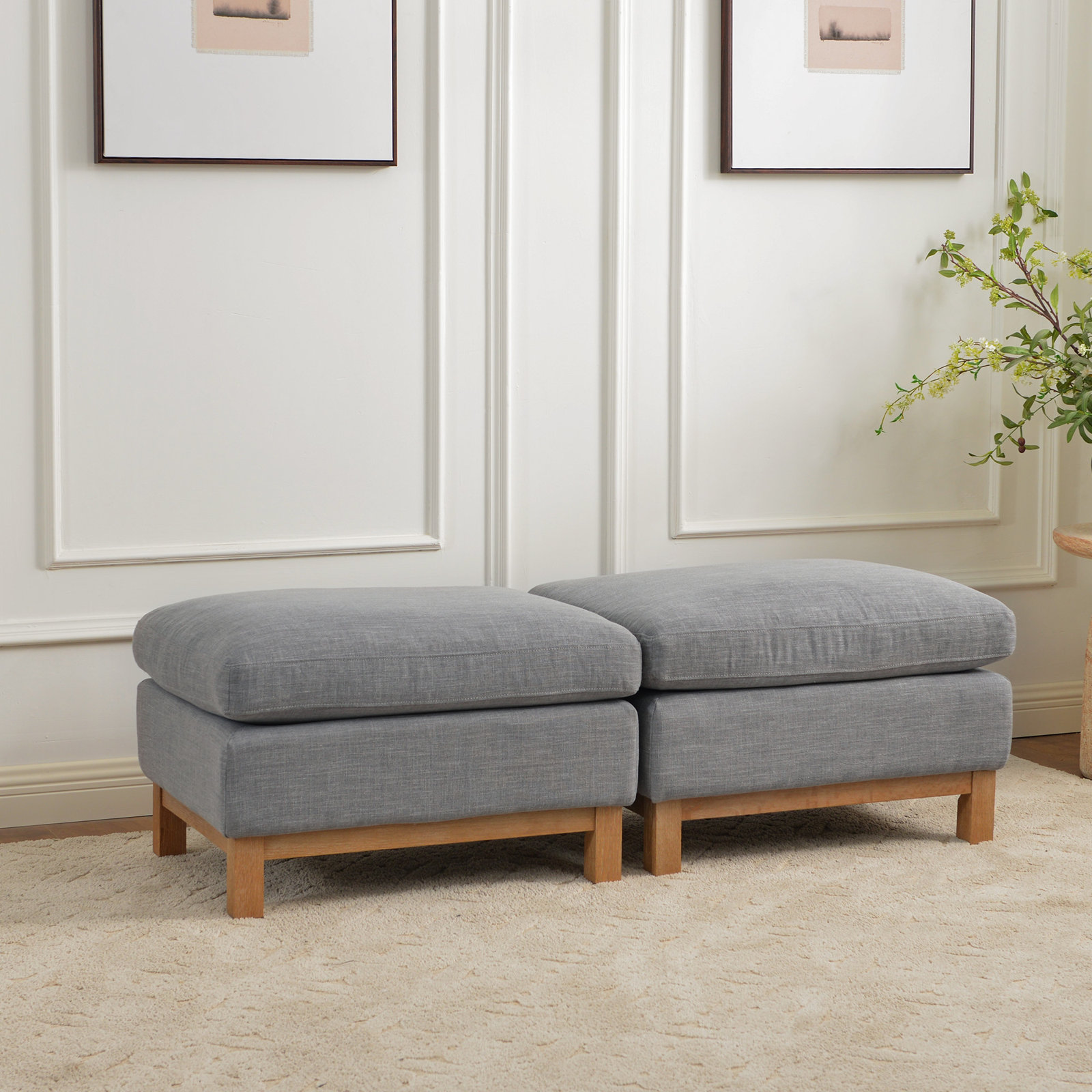 Linen Blend Goose Feather Down Upholstered Ottoman Set Of 2, Gray