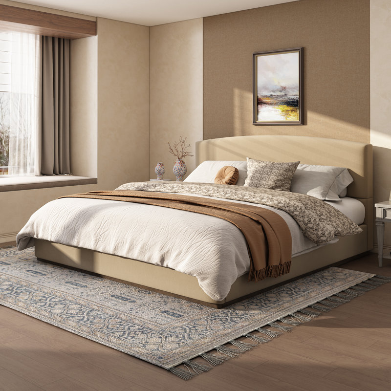 Modern Contemporary Velvet Upholstered Platform Bed with Curved Headboard and Solid Wood Base, King