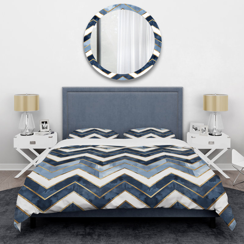 Ensemble de housse de couette transitionnel bleu doré à chevrons Glam V, Housse de couette très grand + 2 très grandes ta