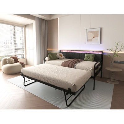 Lit de jour avec lit gigogne, structure de lit simple en métal robuste avec tête de lit tapissier et station de charge pour le salon, la chambre à coucher et la chambre d'amis, noir
