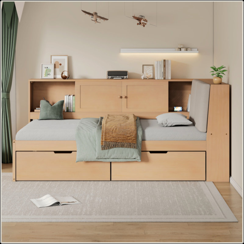 Lit de coin en L en bois avec tiroirs sous le lit avec bibliothèque de rangement et tête de lit tapissier et ports de chargement USB pour un espace limité
