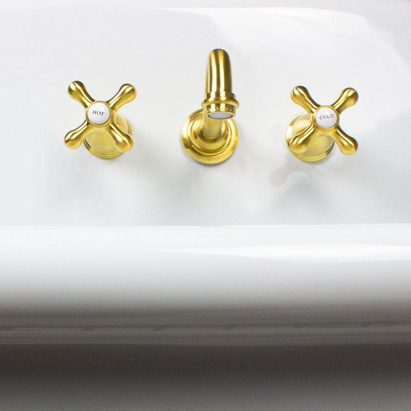 Fireclay Wallmount Bath Sink with Faucet, Drain and P-Trap Set, White/Gold