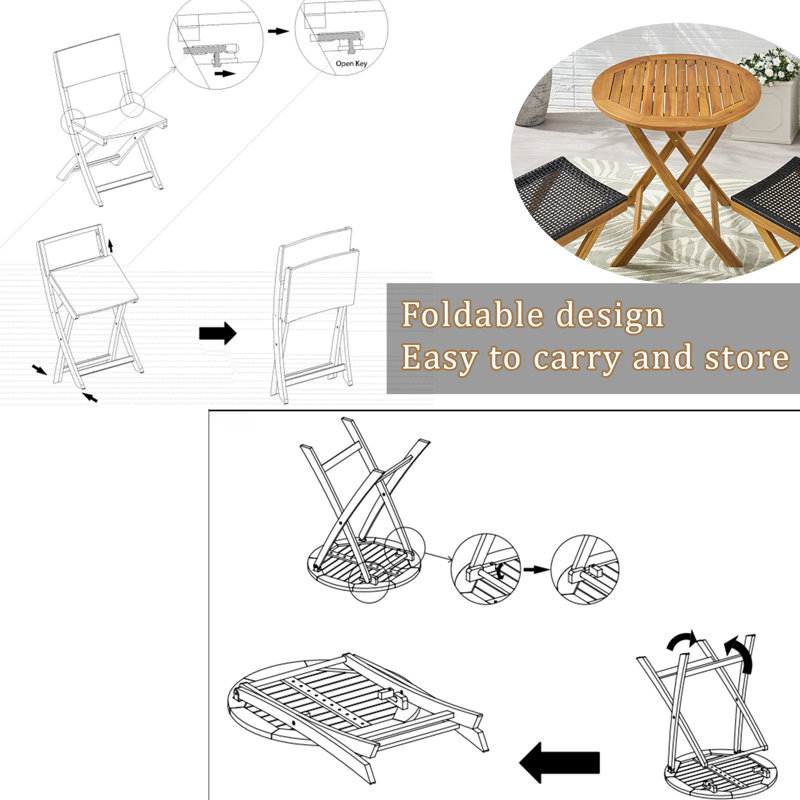 Ensemble bistro 3 pièces en bois d'acacia, meubles de patio pliables avec table à lattes ronde et chaises en rotin d'osier, aucun assemblage requis