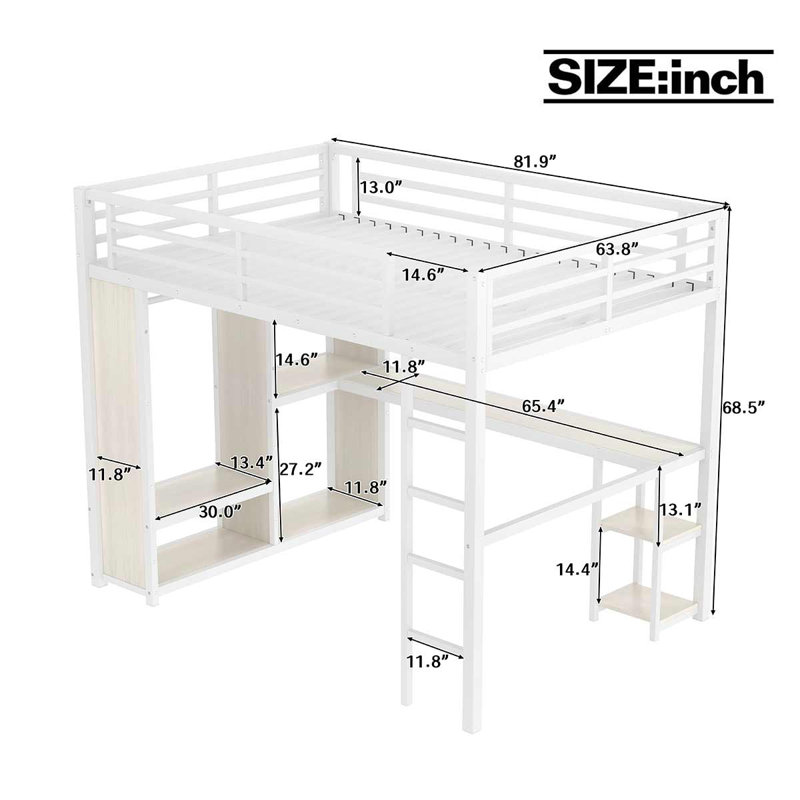 Grand lit mezzanine avec garde-robe, bureau et rangement, Blanc nature
